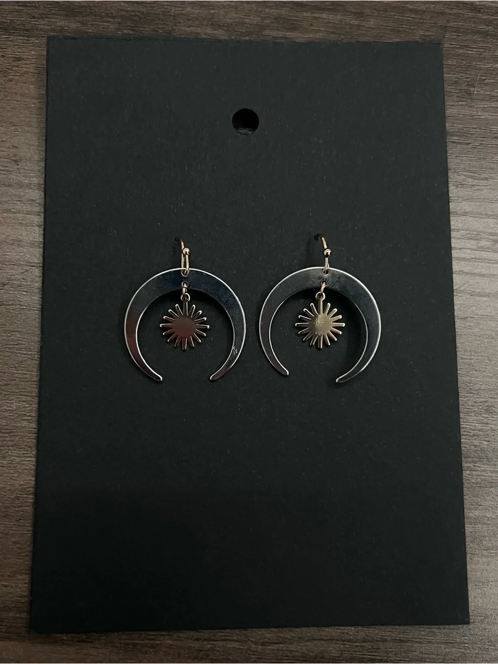 Celestial Sun & Crescent Hoop Drop Earrings Gold Tone Boho Minimalist Dangle